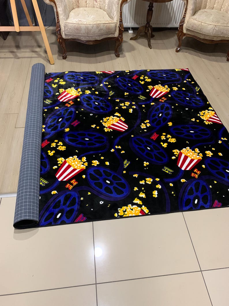 First Popcorn Machine Rug Popcorn Rug, Cinema Rug, Cinema Room Rug, Popcorn Pattern Rug, Cinema ...