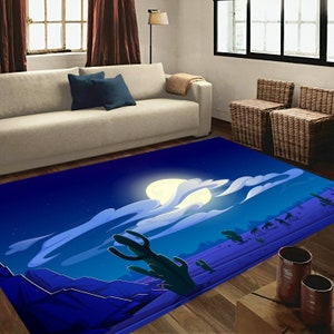 Moon rug, landscape rug, cartoon rug, moon printed rug, desert rug, moon pattern rug, night sky rug, printed rug, mountain rug