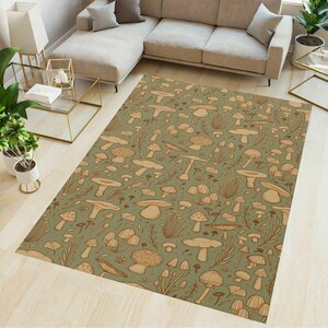 May include: A green and brown area rug with a repeating pattern of mushrooms and leaves. The rug has a vintage aesthetic.