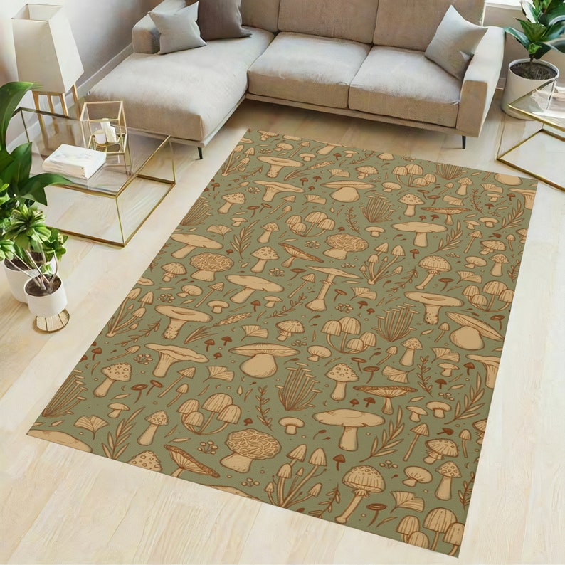 May include: A green and brown area rug with a repeating pattern of mushrooms and leaves. The rug has a vintage aesthetic.