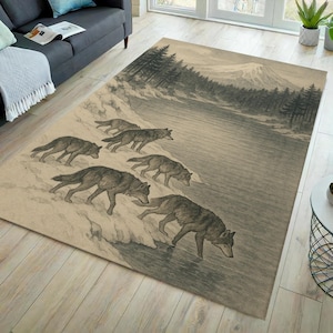 Wolf rug, animal rug, mountain themed rug, landscape theme rug, wolf themed rug, wolf theme decor, home decor