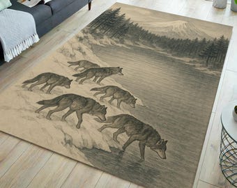 Mountain Wolf Rug, Wildlife Landscape Carpet for Cabin, Lodge, Living Room or Bedroom