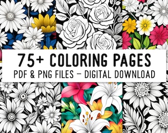 Relaxing Flower Coloring Pages Bundle - Digital Download, Printable Coloring Pages, Grayscale Coloring, Adults Kids, PDF, JPG