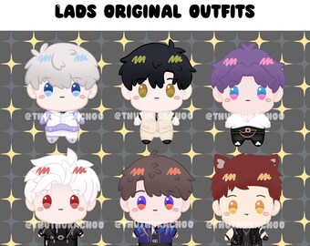 May include: Six 2.5-inch glitter sand stickers featuring cartoon characters in original outfits. The characters have varied hair colors including white, black, purple, and red, and wear detailed clothing. Text reads: 2.5" GLITTER SAND STICKERS LADS ORIGINAL OUTFITS.