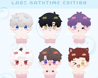 May include: A set of six 2.5-inch glitter stickers titled 2.5" GLITTER SAND STICKERS LAOS BATHTIME EDITION. Each sticker features a chibi-style character with different hair colors and expressions, all wearing a pink towel around their waist.