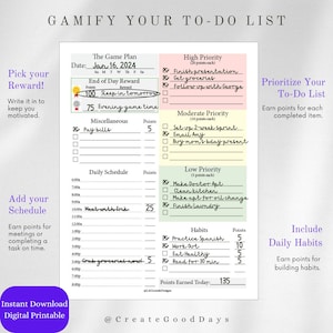 Gamify Your To-Do List, Motivating fun rewards, productivity tracker point system, gamify life, Printable PDF, Fun to do list, daily plan