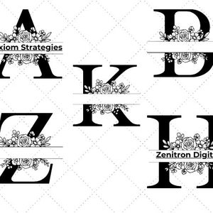 Floral Split Monogram svg, jpg, png, dxf, Flower Monogram Clipart, Floral Letter Graphic, Alphabet Bundle