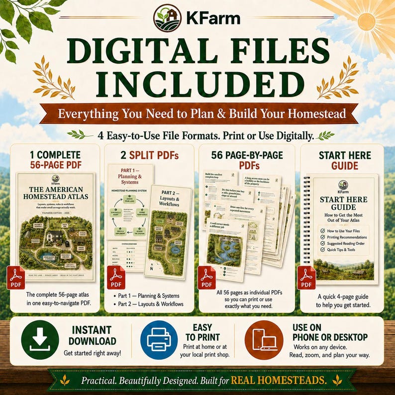 May include: A digital product listing for The American Homestead Atlas, featuring a 56-page PDF, two split PDFs for planning and layouts, 56 individual page PDFs, and a 4-page start here guide. Includes icons for instant download and printing.