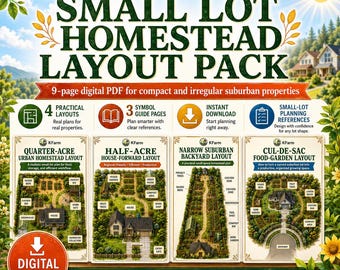 Small Lot Homestead Layout Pack, Quarter Acre & Half Acre Plans, Narrow Backyard, Cul-de-Sac Homestead Planner PDF