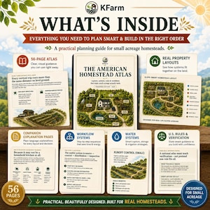May include: A 56-page American Homestead Atlas planning guide featuring layouts, systems, and workflows for small acreage homesteads. The guide includes detailed sections on water systems, runoff control, property layouts, and U.S. rules and verification.