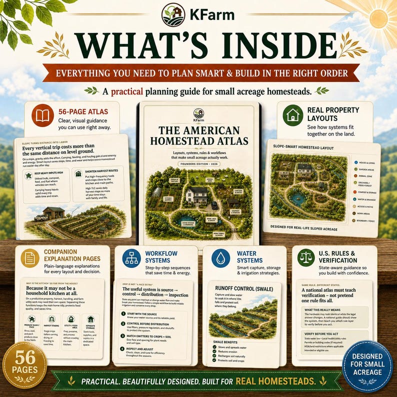 May include: A 56-page American Homestead Atlas planning guide featuring layouts, systems, and workflows for small acreage homesteads. The guide includes detailed sections on water systems, runoff control, property layouts, and U.S. rules and verification.