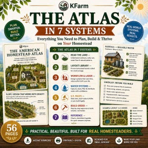 May include: A digital guide titled The Atlas in 7 Systems by KFarm, featuring 56 pages of homestead planning resources. It includes illustrations of land layouts, water systems, and checklists for building on small acreage, presented in a clear, organized format.