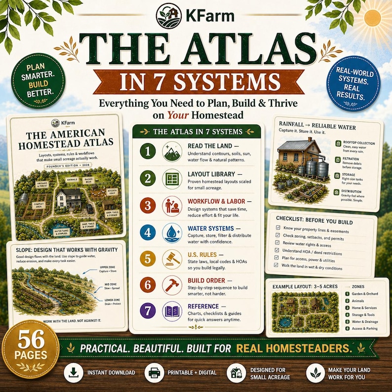May include: A digital guide titled The Atlas in 7 Systems by KFarm, featuring 56 pages of homestead planning resources. It includes illustrations of land layouts, water systems, and checklists for building on small acreage, presented in a clear, organized format.