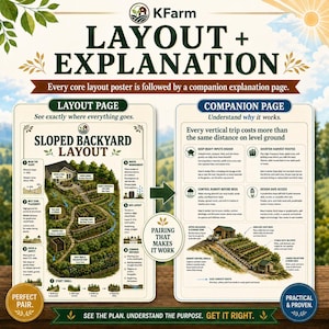 May include: A KFarm educational poster titled LAYOUT + EXPLANATION featuring two side-by-side panels. The left panel shows a SLOPED BACKYARD LAYOUT with numbered garden design steps. The right panel provides a COMPANION PAGE explaining garden efficiency.