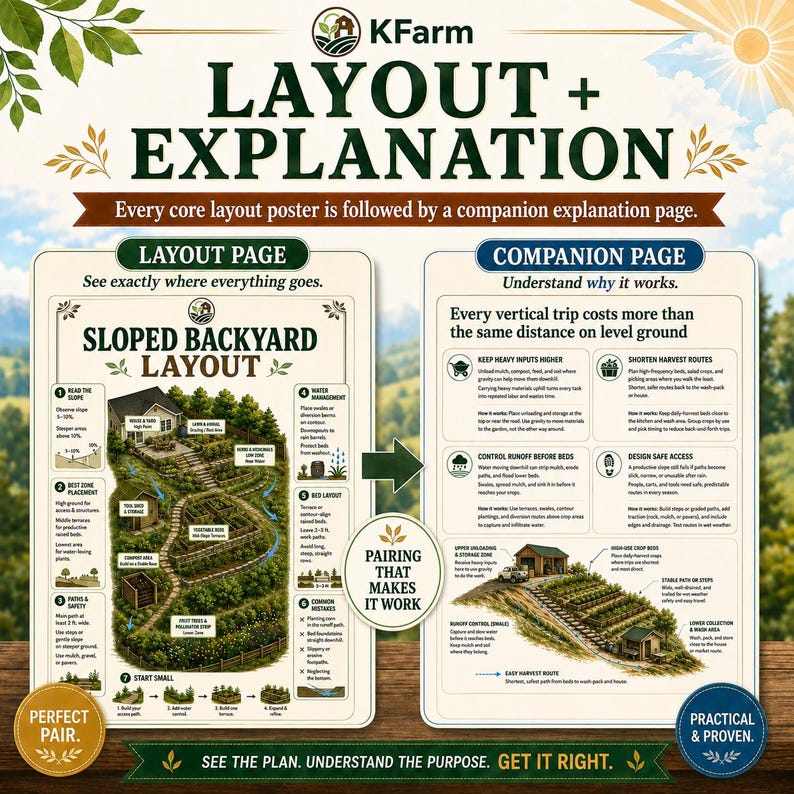 May include: A KFarm educational poster titled LAYOUT + EXPLANATION featuring two side-by-side panels. The left panel shows a SLOPED BACKYARD LAYOUT with numbered garden design steps. The right panel provides a COMPANION PAGE explaining garden efficiency.