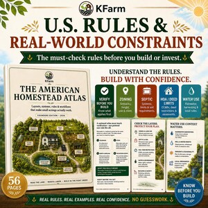 May include: A book titled The American Homestead Atlas, Founders Edition 2026, featuring a 56-page count. The cover displays a homestead illustration. Accompanying panels detail U.S. rules, real-world constraints, zoning, septic, HOA, and water use.