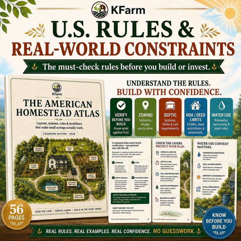 May include: A book titled The American Homestead Atlas, Founders Edition 2026, featuring a 56-page count. The cover displays a homestead illustration. Accompanying panels detail U.S. rules, real-world constraints, zoning, septic, HOA, and water use.