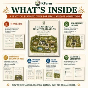 May include: The American Homestead Atlas is a planning guide for small acreage homesteads. The cover features a central illustration of a homestead layout. Surrounding panels detail the 56-page atlas, property layouts, workflow systems, water systems, and U.S. rules.
