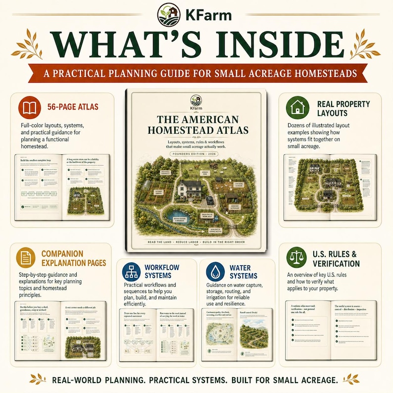 May include: The American Homestead Atlas is a planning guide for small acreage homesteads. The cover features a central illustration of a homestead layout. Surrounding panels detail the 56-page atlas, property layouts, workflow systems, water systems, and U.S. rules.