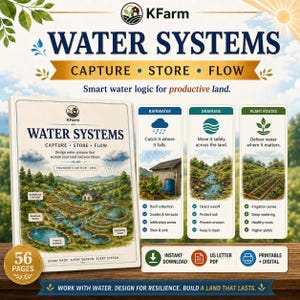 May include: A 56-page digital guide titled Water Systems: Capture, Store, Flow by KFarm. The cover features an illustration of a landscape with water management techniques, including rainwater collection, drainage paths, and irrigation zones.