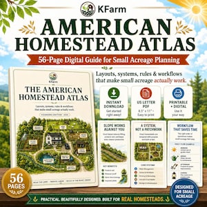 May include: The American Homestead Atlas is a 56-page digital guide for small acreage planning. It features a cover illustration of a farm layout, with text detailing layouts, systems, rules, and workflows. Includes 8.5 x 11 inch US letter PDF.