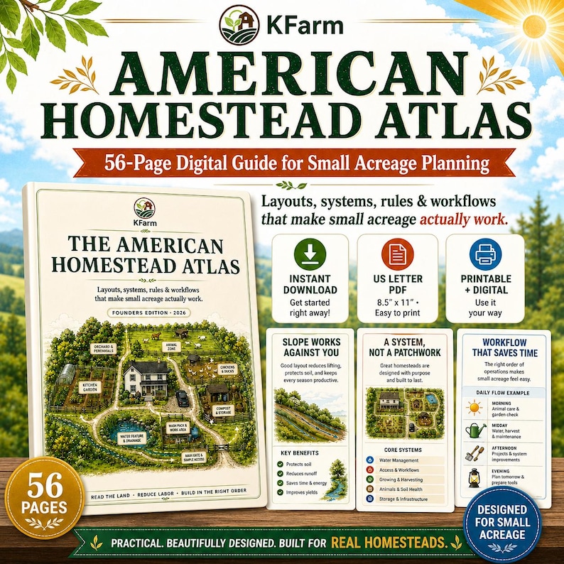 May include: The American Homestead Atlas is a 56-page digital guide for small acreage planning. It features a cover illustration of a farm layout, with text detailing layouts, systems, rules, and workflows. Includes 8.5 x 11 inch US letter PDF.