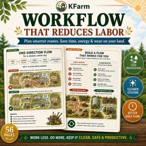 May include: A 56-page KFarm instructional guide titled WORKFLOW THAT REDUCES LABOR. The document features diagrams comparing dirty and clean farm routes, illustrating one-direction flow, reduced backtracking, and efficient daily systems.