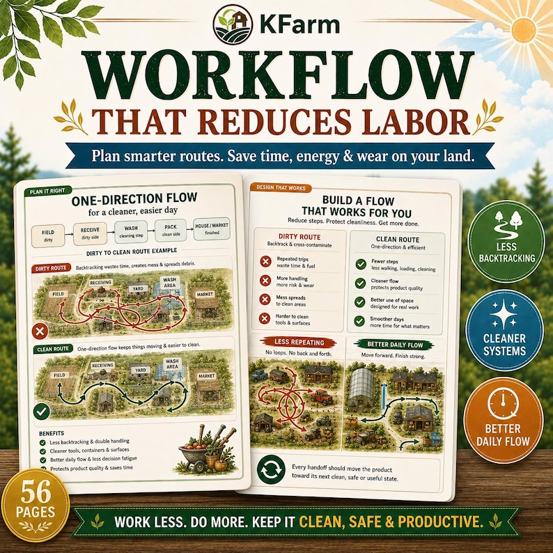 May include: A 56-page KFarm instructional guide titled WORKFLOW THAT REDUCES LABOR. The document features diagrams comparing dirty and clean farm routes, illustrating one-direction flow, reduced backtracking, and efficient daily systems.