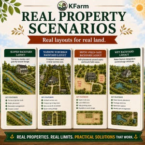 May include: An informational graphic titled KFarm Real Property Scenarios featuring four distinct backyard layout designs: Sloped, Narrow Suburban, Septic-Field-Safe, and Wet. Each section includes illustrations, key features, and descriptive text.