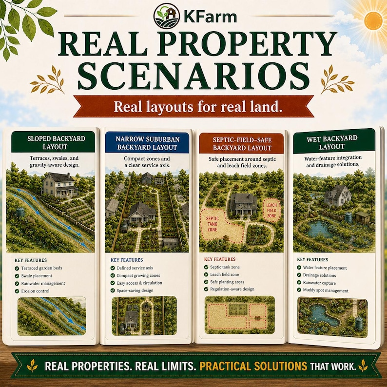 May include: An informational graphic titled KFarm Real Property Scenarios featuring four distinct backyard layout designs: Sloped, Narrow Suburban, Septic-Field-Safe, and Wet. Each section includes illustrations, key features, and descriptive text.