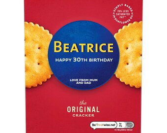 Personalisierte Ritz Crackers Box Label alles Gute zum Geburtstag für jeden Anlass Aufkleber Einzigartige Spaß Geschenke Name