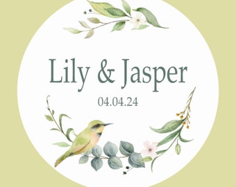 35 x Hochzeits-Aufkleber, Vögel und Blumen, individuell, personalisierte Etiketten, personalisierte Aufkleber für Hochzeit, Blumenhochzeits-Aufkleber