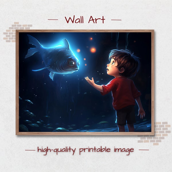 Boy in a fairy-tale world. Fantasy style picture. Printable wall art. Printable painting. Digital Download.