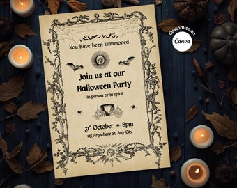 May include: A vintage-style Halloween party invitation with a decorative border, bats, and a spiderweb. The text reads "You have been summoned" and "Join us at our Halloween Party". The invitation is surrounded by lit candles and autumn leaves.
