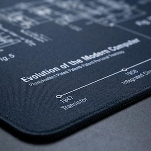 May include: A dark blue desk mat featuring a white technical diagram titled Evolution of the Modern Computer. The print includes a timeline with labels such as 1947 Transistor and 1958 Integrated Circuit, alongside technical drawings labeled Fig. 5.