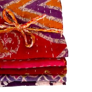 Vintage Kantha Fabric Squares, Reclaimed Sari Cotton Patchwork (5pc 12x12)