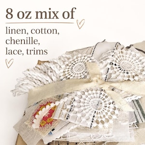 Neutral Fabric Scrap Bundle, 40pc Linen Cotton Lace for Slow Stitching Junk Journal