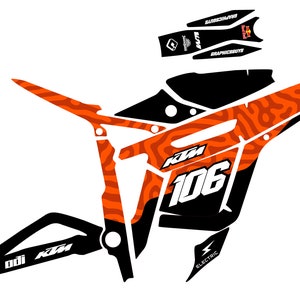 May include: A collection of KTM motorcycle graphics in orange, black, and white. The design includes the number 106, KTM branding, Red Bull logos, and Dunlop branding. The graphics are for various parts of the motorcycle.