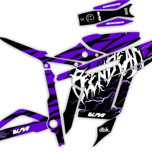 May include: Purple and black motocross graphics kit with a white lightning bolt and skull design. The kit includes a number plate, side panels, front fender, and swingarm graphics. The graphics feature the text "Sinners Only" and "dbk."