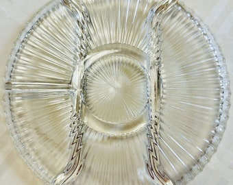 Mid Century Modern Clear Glass Divided Ribbed Serving Relish Tray 12”, 5 Spaces