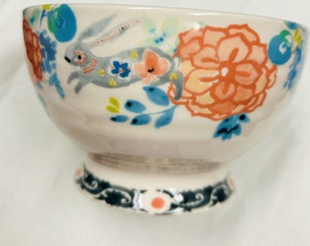 Anthropologie DODI BOWL Oiseau fleurs florales sur piédestal Lapin en grès - Ensemble de 4