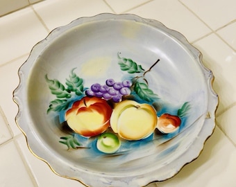 Vintage Hand Painted Plate "Mixed Fruit" Blue With Scalloped Edge & Gold Trim 9”