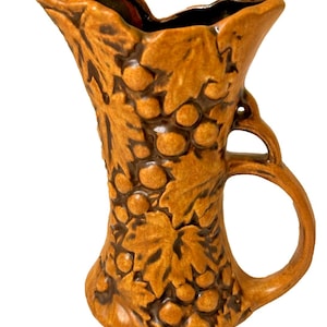 Vintage 1940 McCoy Pottery Brown Grape Leaf Decorative Pitcher With Handle