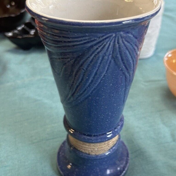 Vintage Handcrafted in Vietnam Blue Pottery Vase w/Sand Ring 8" Tall Great Cond