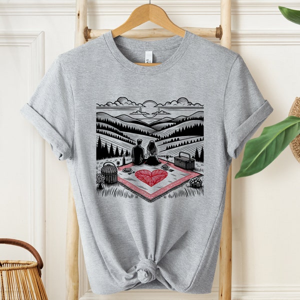 Romantic Picnic T-Shirt, Couple Love Sunset, Vintage Style Graphic Tee, Nature Mountain Landscape Shirt, Valentines Day Gift