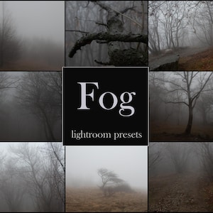 Könnte beinhalten: Eine Sammlung von neun Bildern, die eine neblige Waldszene zeigen. Die Bilder sind in einem Raster angeordnet, mit dem Text "Fog Lightroom Presets" in der Mitte.