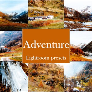 May include: A collage of landscape photos featuring mountains, valleys, and buildings. The photos are in various colors, including green, brown, and white. The text "Adventure Lightroom presets" is displayed on an orange background.