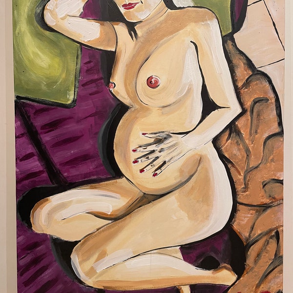 Enceinte. Tableau acrylique sur toile. Femme nue enceinte. 92 * 65 cm.