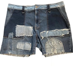 Plus Size Colorblock Denim Patchwork Shorts, Upcycled Jean Shorts