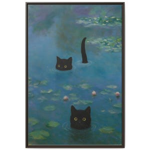 Surreal Black Cat Art Print: Monet Water Lily Pond (Digital Download